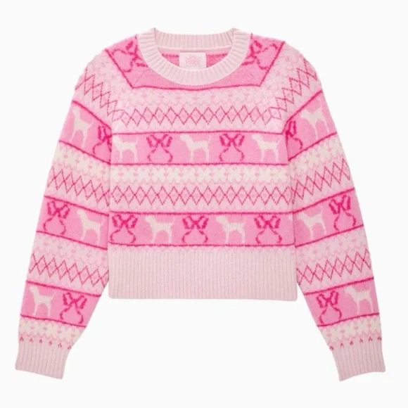 PINK X LoveShackFancy c Pink Fair isle Crew Boxy Full Sleeve Sweater- S - Picture 2 of 7